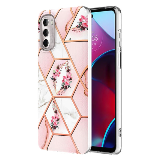 Pink marble flower TPU phone case with hexagon pattern and camera cutouts