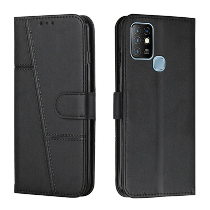 Black stitched leather wallet phone case with side buckle strap and card pocket