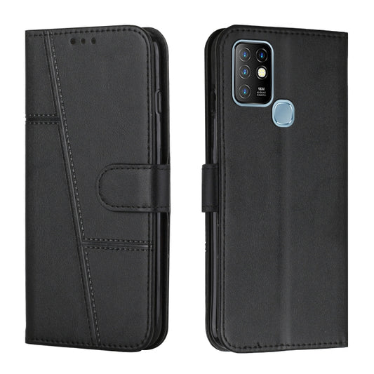 Black stitched leather wallet phone case with side buckle strap and card pocket