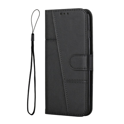 Black stitched leather wallet phone case with card pocket and wrist strap