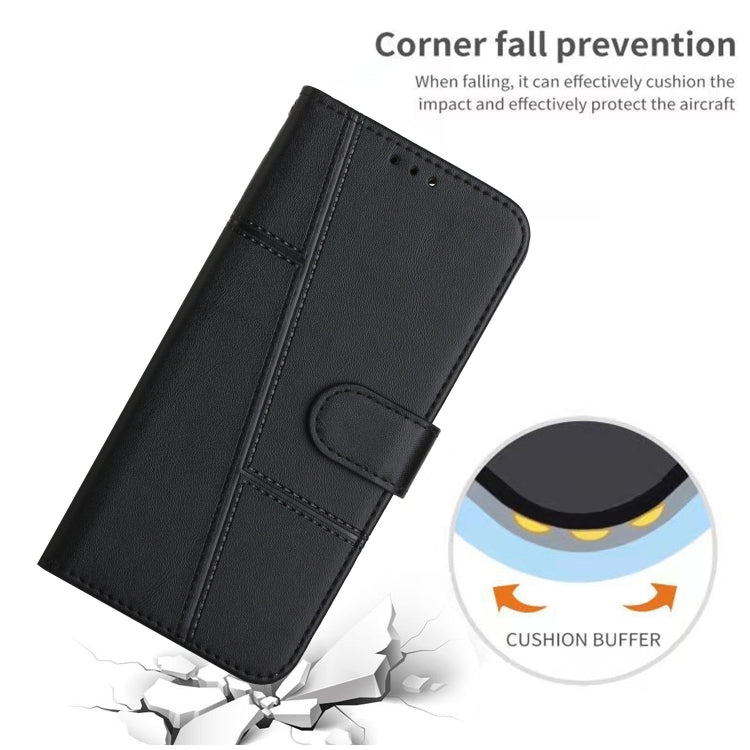 Black stitched leather wallet phone case with fold cover and snap closure