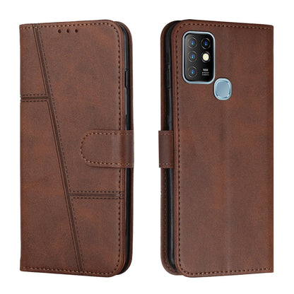 Brown leather flip phone case with stitched trim, card slot, and magnetic clasp.