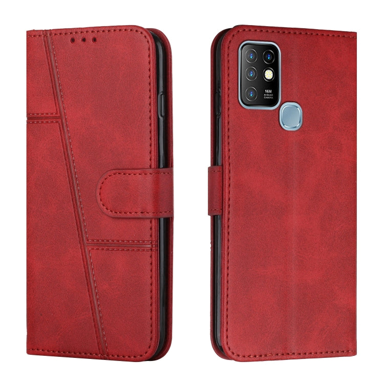 Red leather flip phone case with stitched panels, buckle strap, card holder, camera cutout