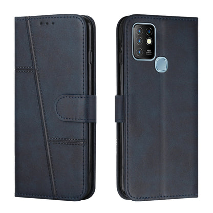 Dark blue leather phone wallet case with stitching, front flap and buckle, camera cutout