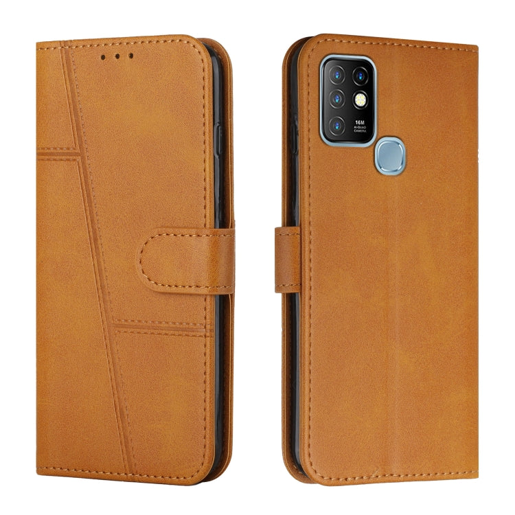 Brown leather flip phone case with stitched panels and foldover strap, camera cutout