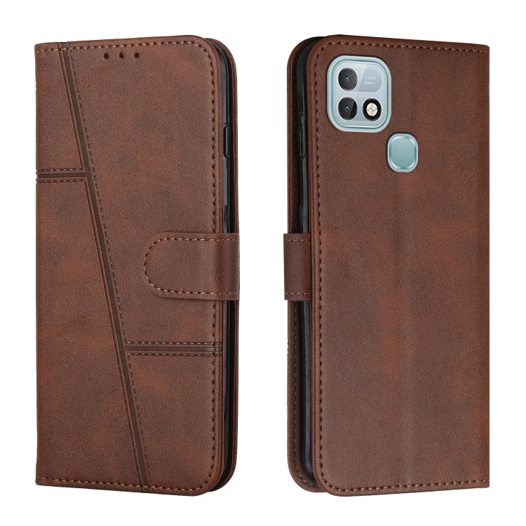 Brown leather folio phone case with camera cutout and light blue side accessory button.