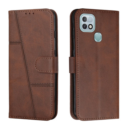 Brown leather folio phone case with camera cutout and light blue side accessory button.