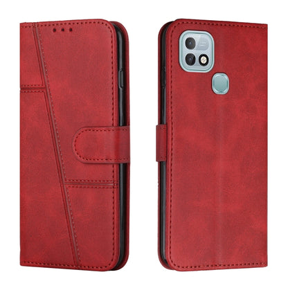 Red leather flip phone case with stitched panels, buckle strap, card holder, camera cutout