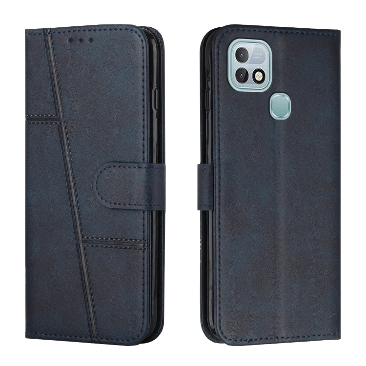 Dark blue leather phone wallet case with stitching, front flap and buckle, camera cutout