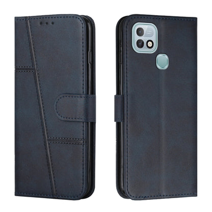 Dark blue leather phone wallet case with stitching, front flap and buckle, camera cutout