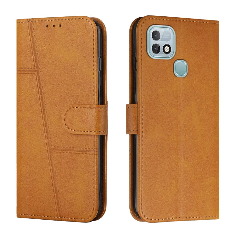 Brown leather flip phone case with stitched panels and foldover strap, single camera window