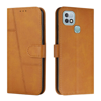 Brown leather flip phone case with stitched panels and foldover strap, single camera window