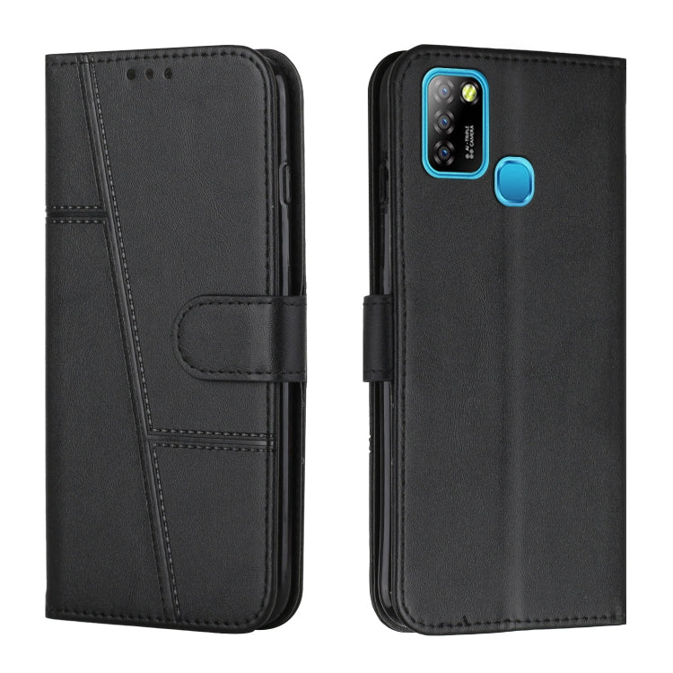 Black stitched leather wallet phone case with side buckle strap and fingerprint cutout