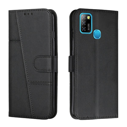 Black stitched leather wallet phone case with side buckle strap and fingerprint cutout