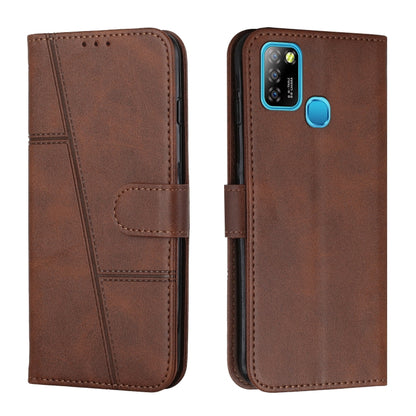 Brown leather flip phone case with calf texture, stitched panels, and buckle closure