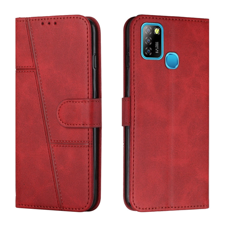 Red leather flip phone case with stitched panels, buckle strap, card holder, camera cutout