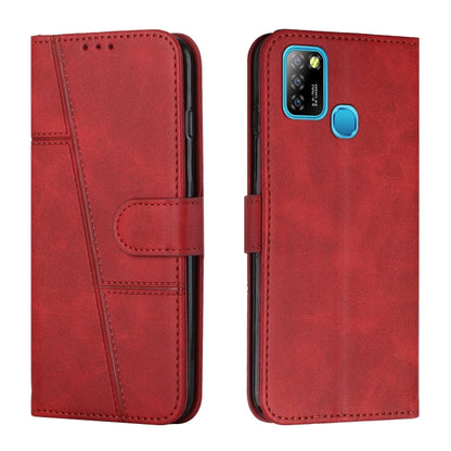 Red leather flip phone case with stitched panels, buckle strap, card holder, camera cutout