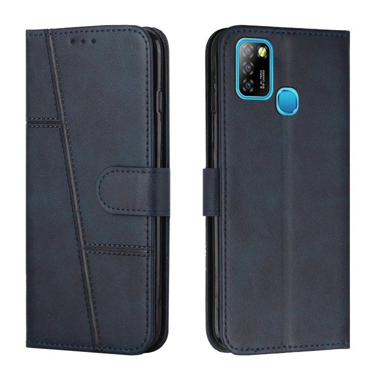 Dark blue leather phone wallet case with stitching, front flap and buckle, camera cutout