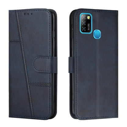 Dark blue leather phone wallet case with stitching, front flap and buckle, camera cutout