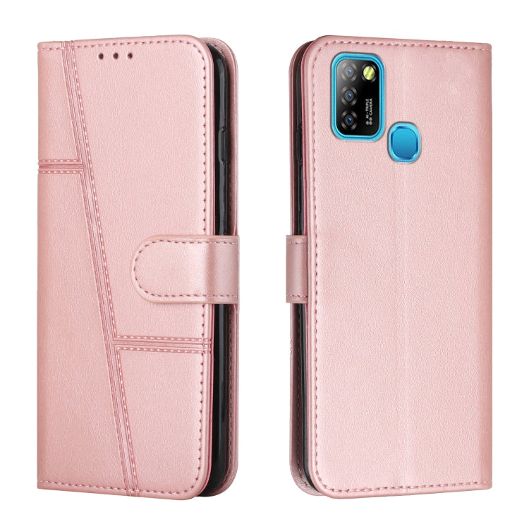 Pink leather wallet phone case with buckle, stitched panels, and multi-camera cutout.