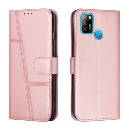 Pink leather wallet phone case with buckle, stitched panels, and multi-camera cutout.