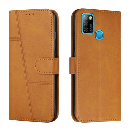 Brown leather flip phone case with stitched panels and foldover strap, teal accent camera cutout