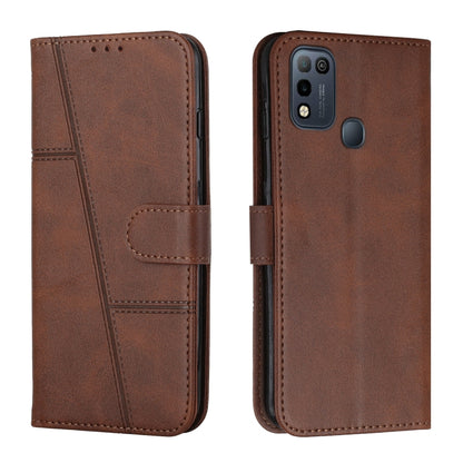 Brown leather flip phone case with calf texture stitching and buckle, camera cutout on back
