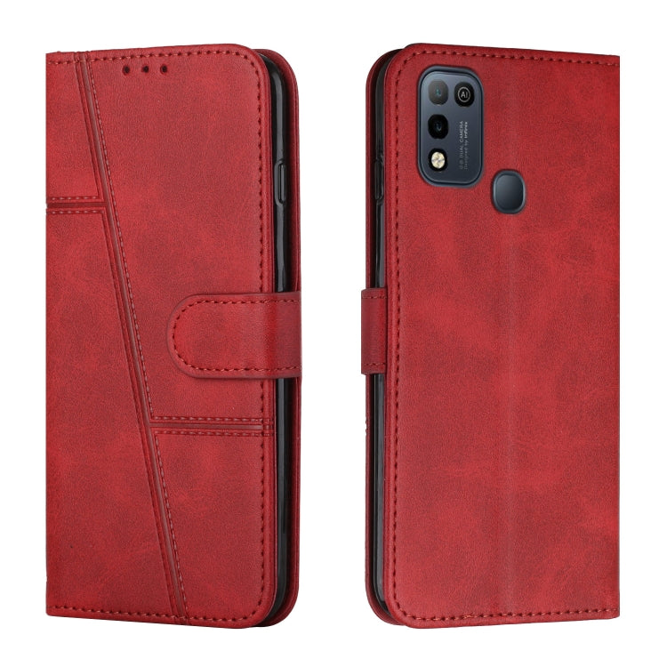 Red leather flip phone case with stitched panels, buckle strap, card holder, camera cutout