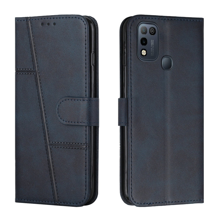 Dark blue leather phone wallet case with stitching, front flap and buckle, camera cutout
