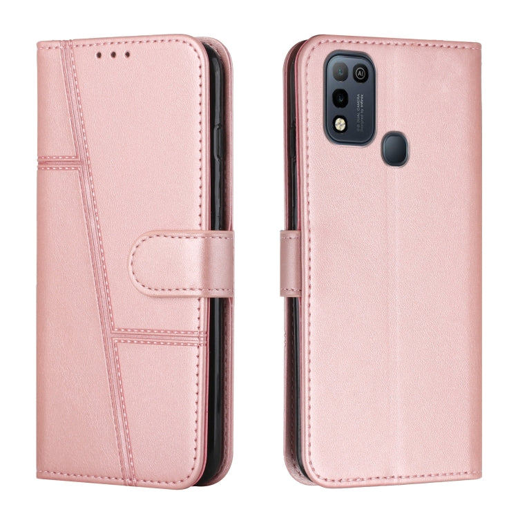 Pink leather wallet phone case with buckle, front pocket flap, and camera cutout.
