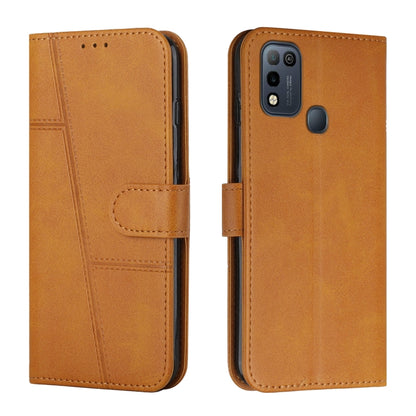 Brown leather flip phone case with stitched panels and foldover strap, side button cutout