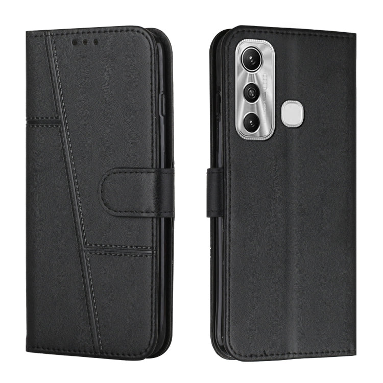 Black leather flip phone case with stitched panels, card slot, and magnetic clasp.