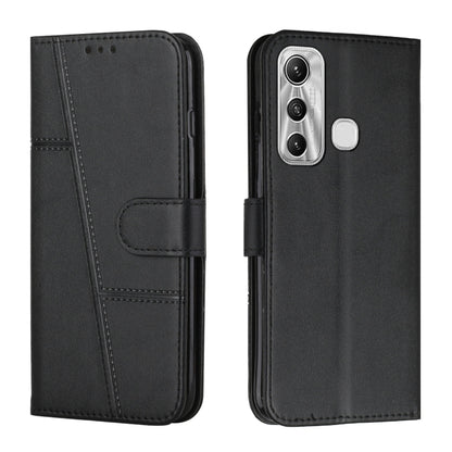 Black leather flip phone case with stitched panels, card slot, and magnetic clasp.