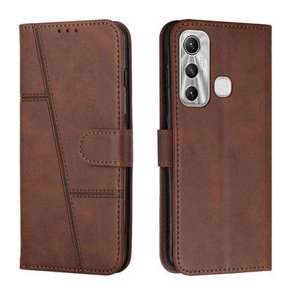 Brown leather folio phone case with calf texture, stitched strap, and buckle closure