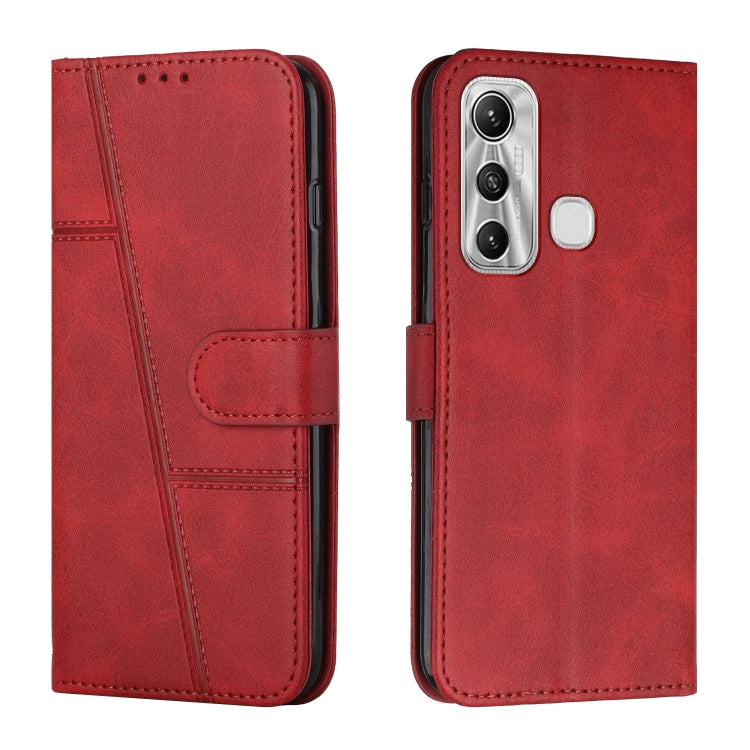 Red leather flip phone case with stitched panels, buckle strap, card holder, camera cutout