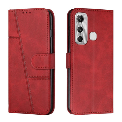 Red leather flip phone case with stitched panels, buckle strap, card holder, camera cutout
