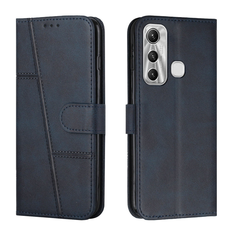 Dark blue leather phone wallet case with stitching, front flap and buckle, camera cutout