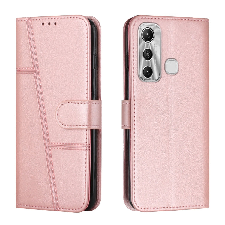 Pink leather wallet phone case with buckle, stitched trim, and camera/sensor cutouts.