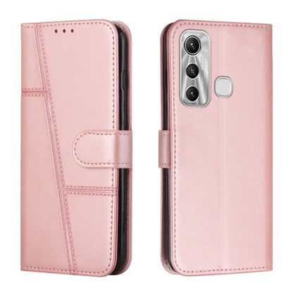 Pink leather wallet phone case with buckle, stitched trim, and camera/sensor cutouts.