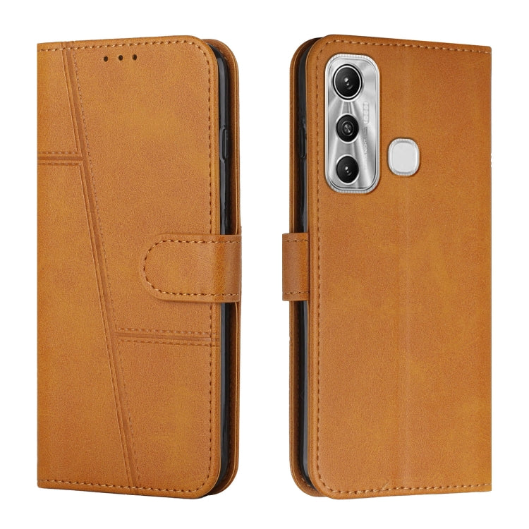 Tan leather wallet phone case with buckle strap and stitched calf texture, camera cutout