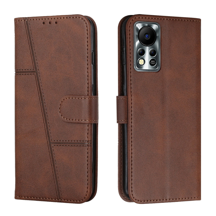 Brown leather flip phone case with calf texture stitching, buckle tab, and camera opening