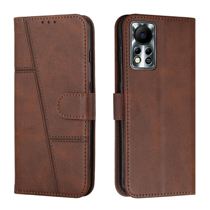 Brown leather flip phone case with calf texture stitching, buckle tab, and camera opening