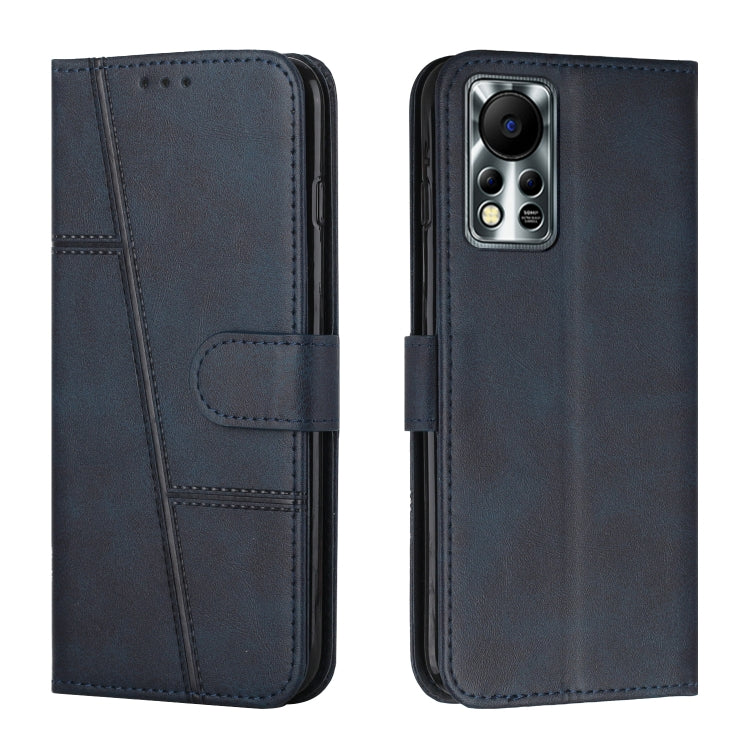 Dark blue leather phone wallet case with stitching, front flap and buckle, camera cutout