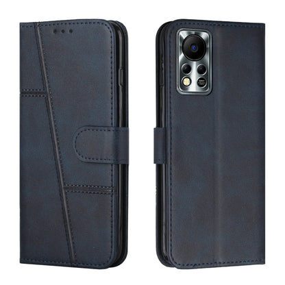 Dark blue leather phone wallet case with stitching, front flap and buckle, camera cutout