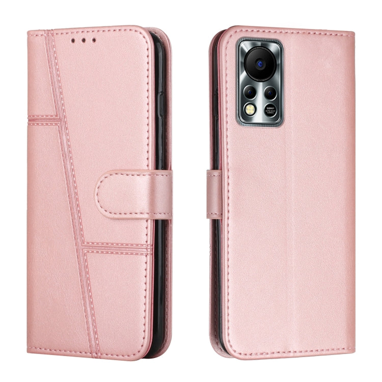 Pink leather wallet phone case with buckle, front pocket, and triple-camera cutout.
