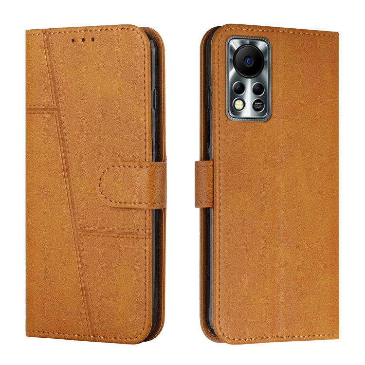 Tan leather wallet phone case with buckle strap and stitched calf texture, triple-camera cutout
