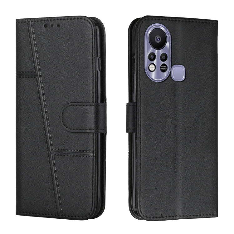 Black leather flip phone case with stitched trim, card slot, and camera protection.