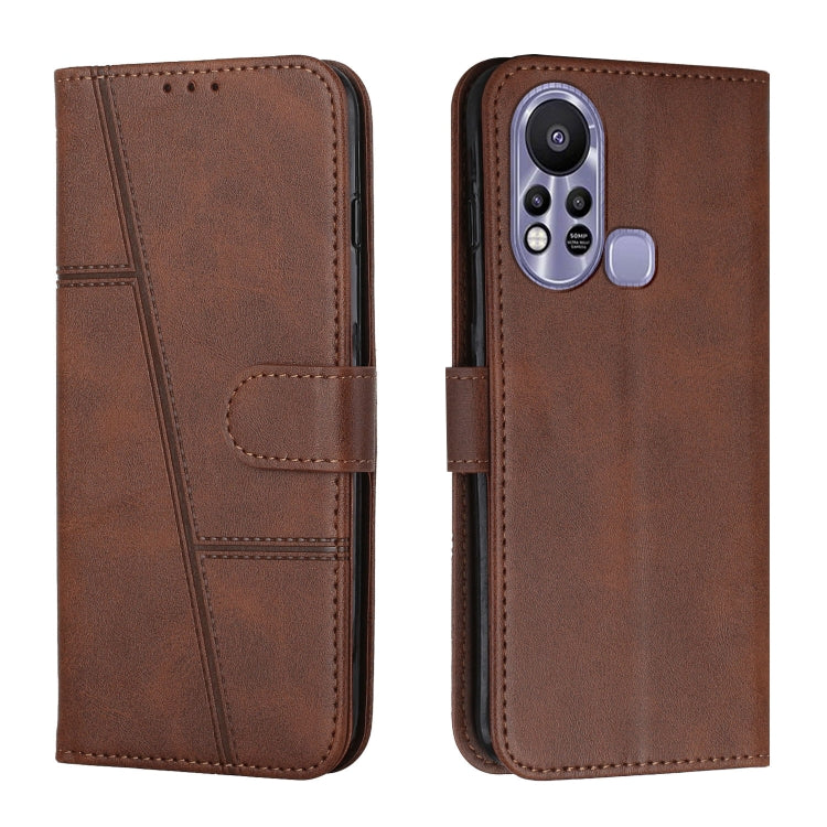 Brown leather folio phone case with calf texture, stitched flap, and buckle closure