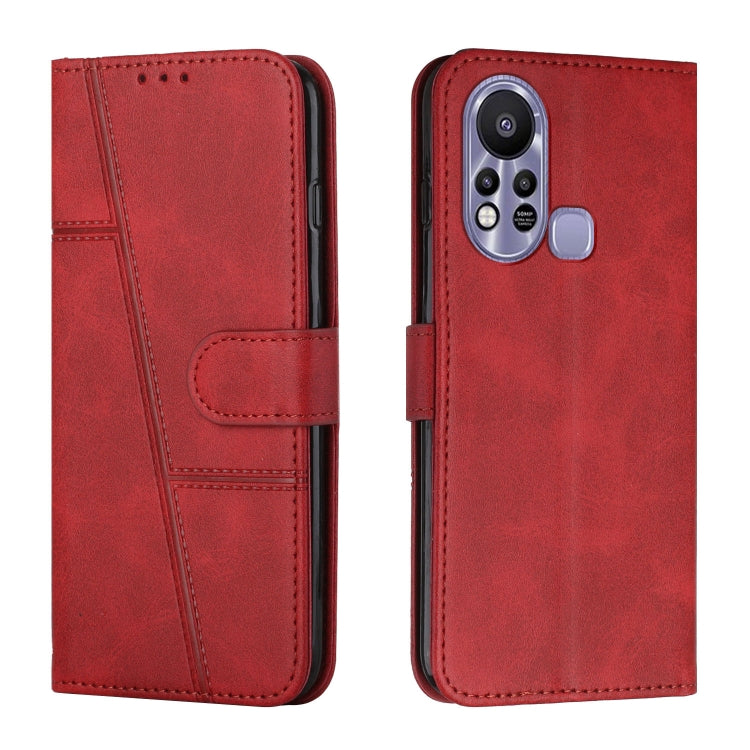 Red leather flip phone case with stitched panels, buckle strap, card holder, camera cutout