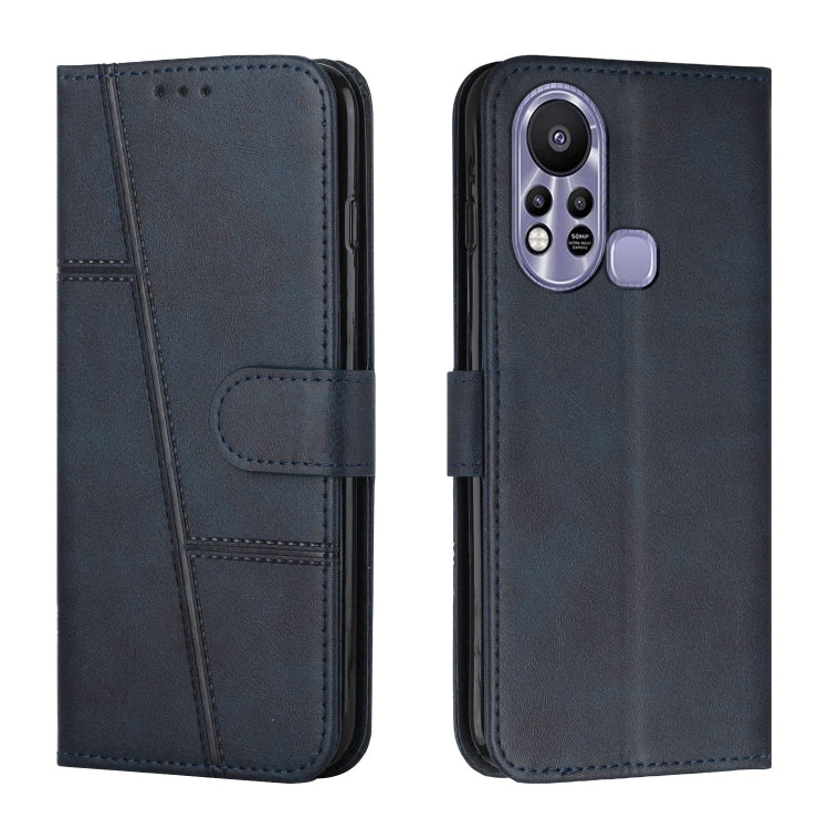 Dark blue leather phone wallet case with stitching, front flap and buckle, camera cutout